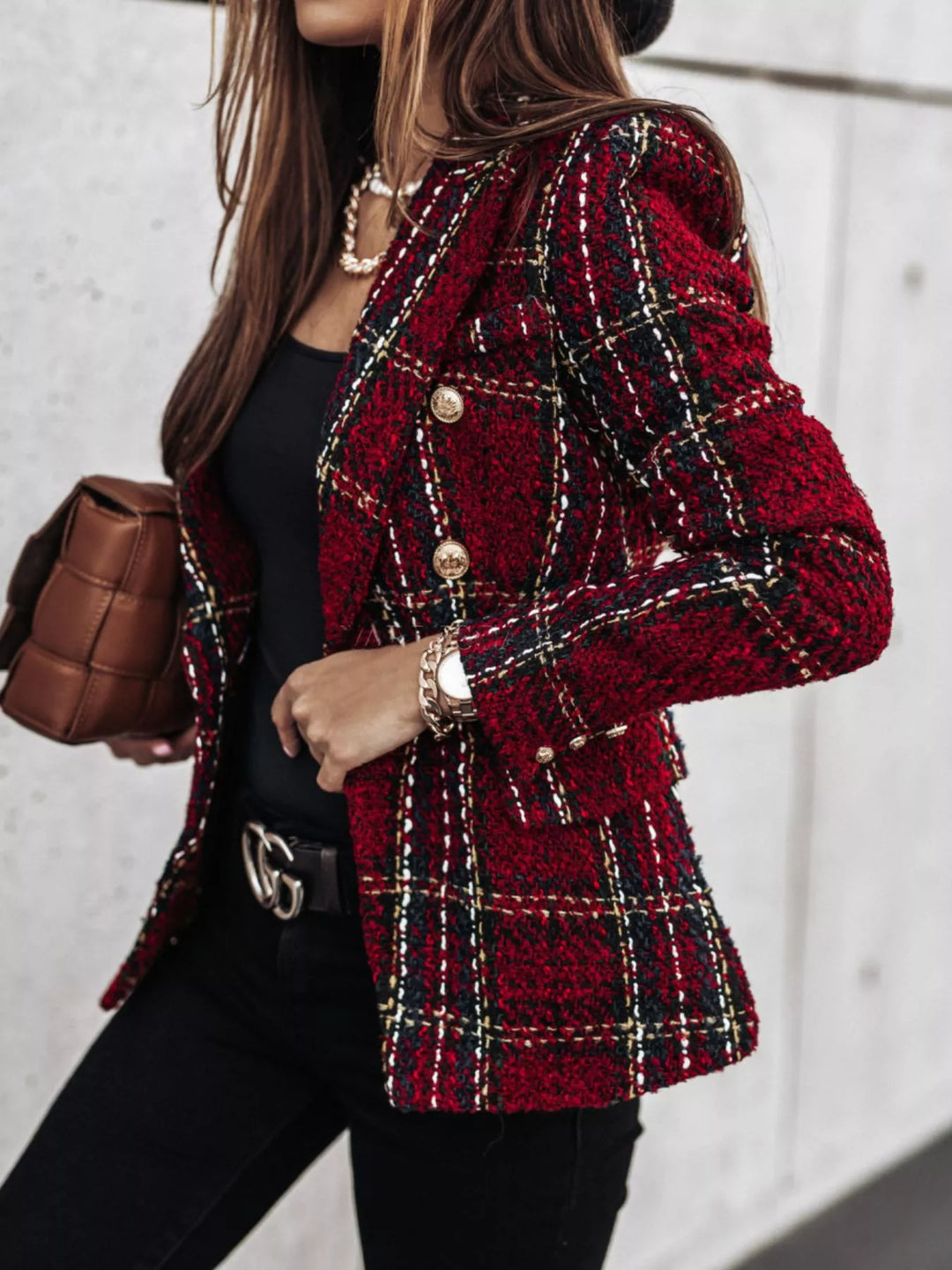 Plaid tweed double-breasted blazer with gold buttons