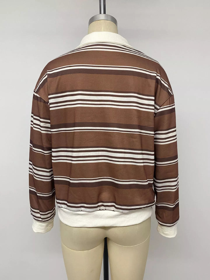 Striped drop shoulder polo sweatshirt with button placket