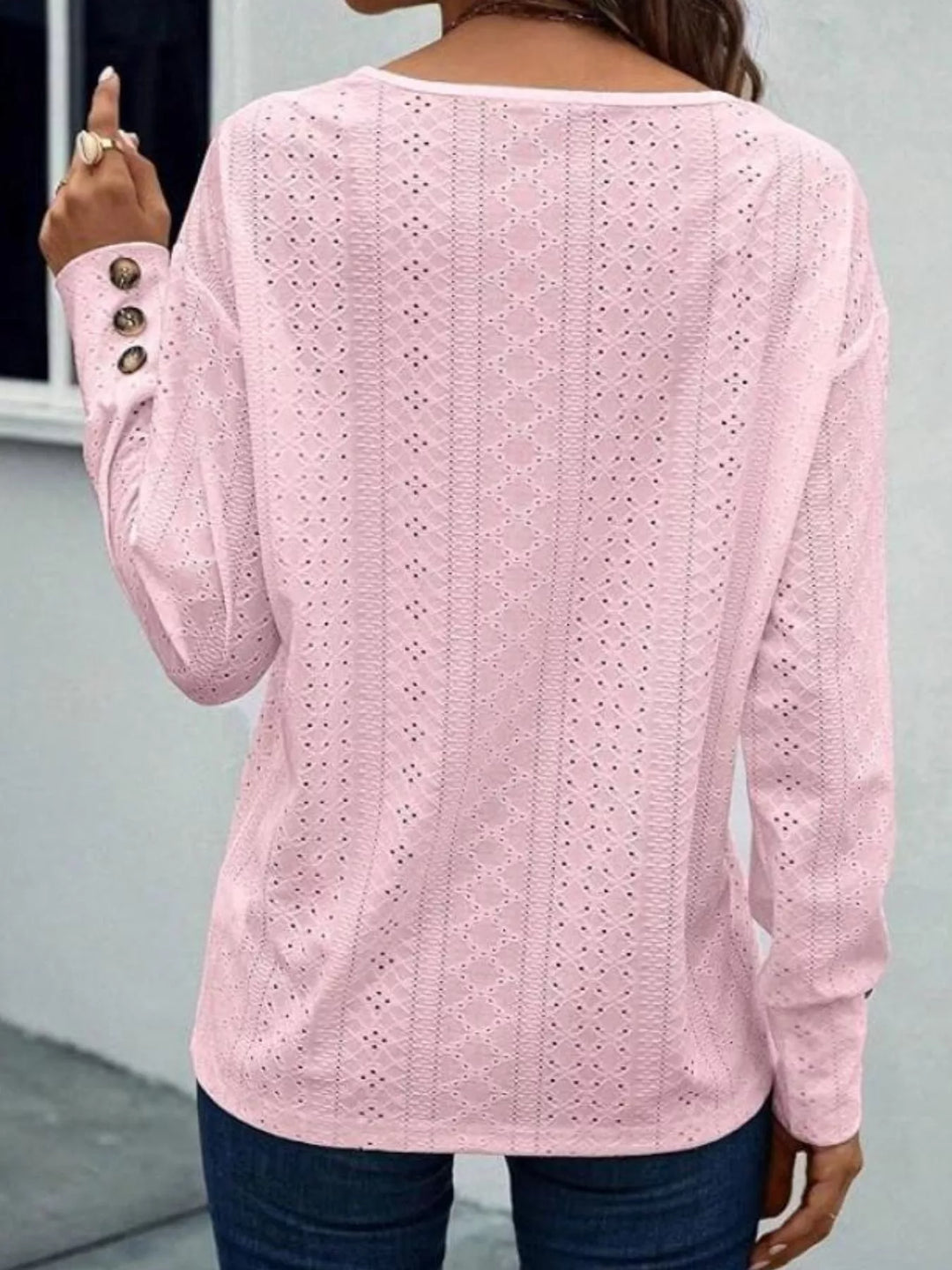 Eyelet V-neck long sleeve top with button cuffs