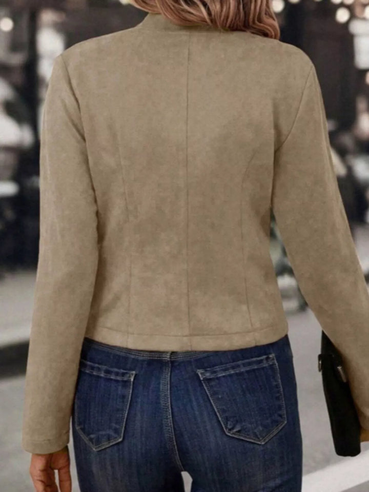 Open-front cropped jacket with stand collar and button trim