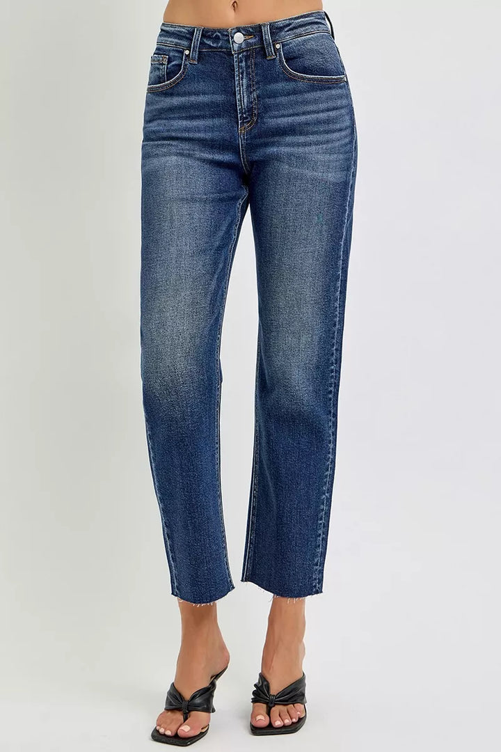High rise slim barrel jeans with raw frayed hem
