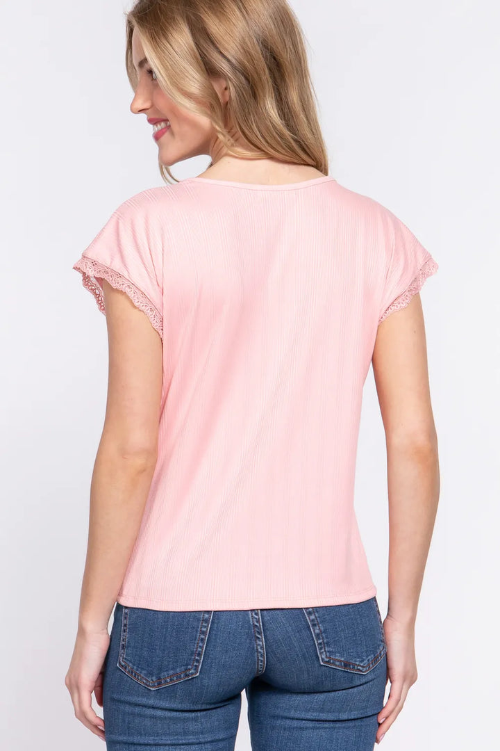 Lace trim V-neck ribbed short sleeve top