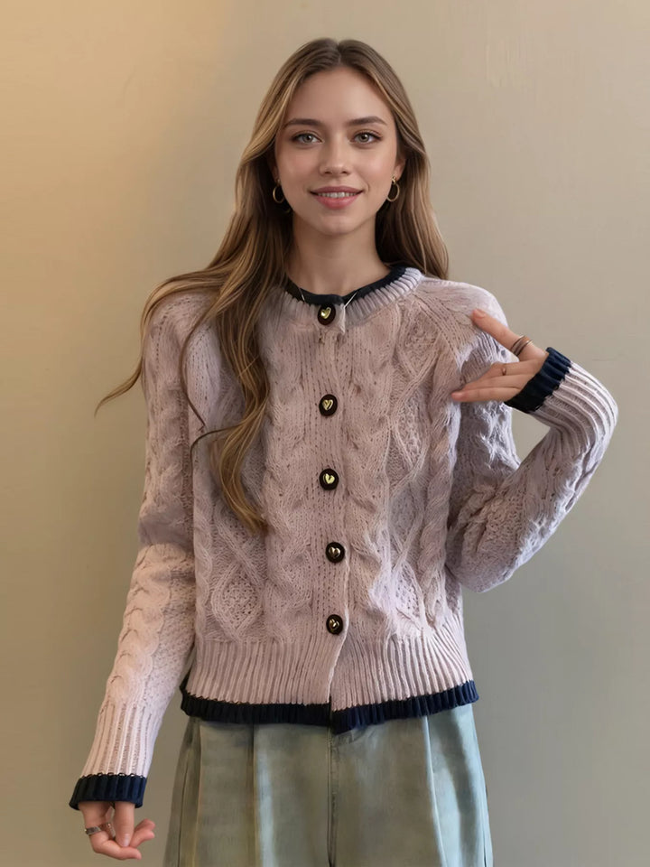 Cable knit button-up cardigan with contrast trim