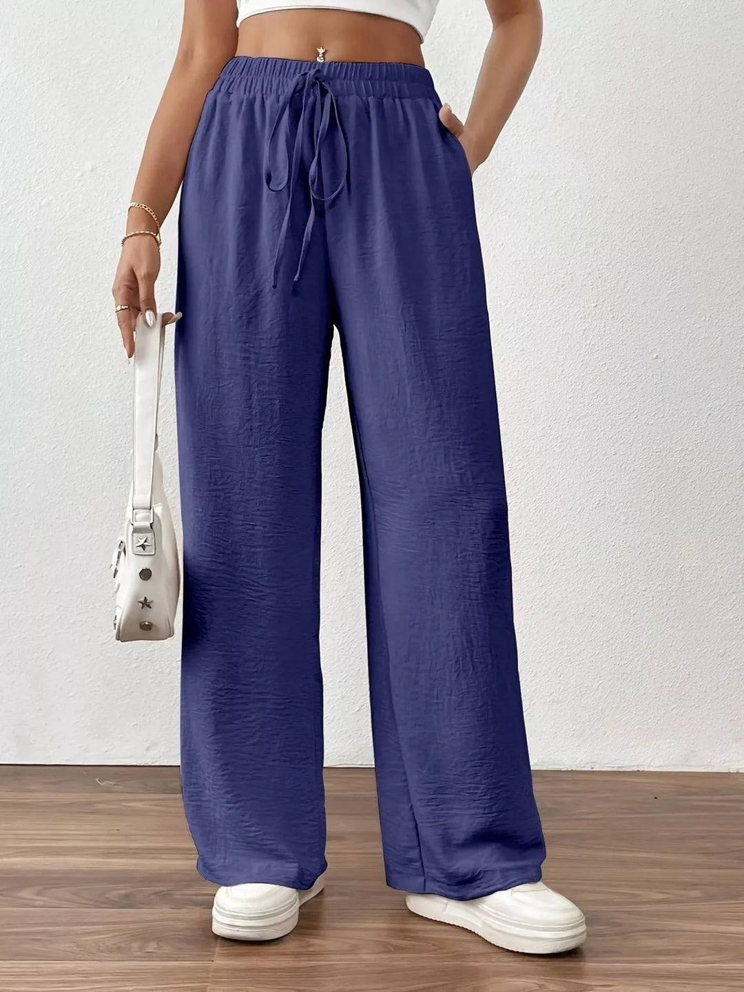 Navy Blue Casual Drawstring Wide Leg Pants