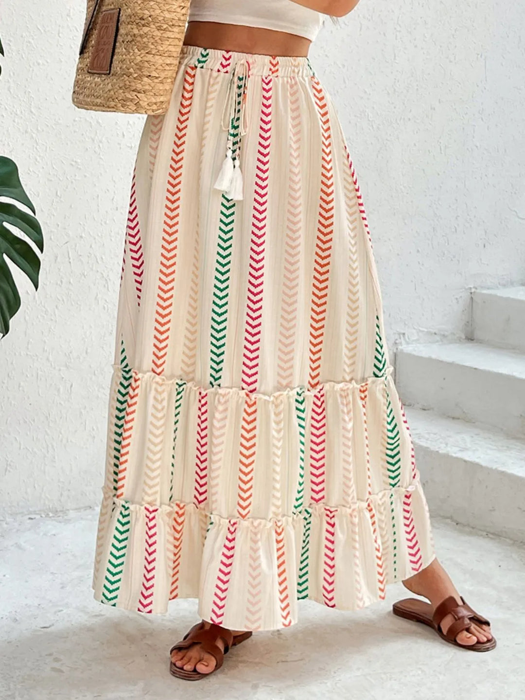 Striped print tiered maxi skirt with tassel tie waist