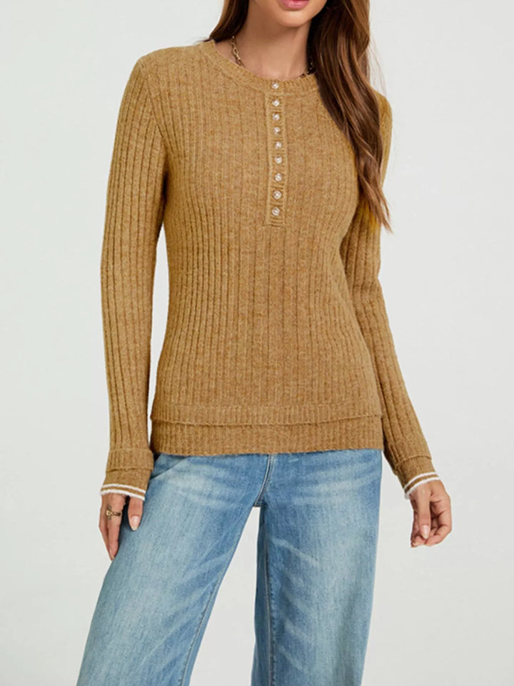 Ribbed knit henley sweater with button placket