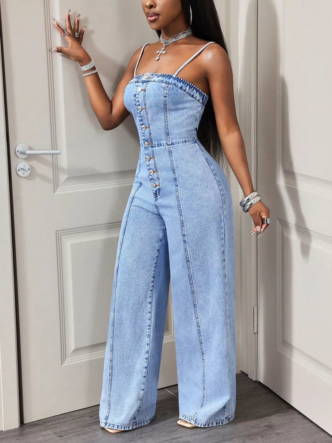Button-down wide leg denim jumpsuit with spaghetti straps