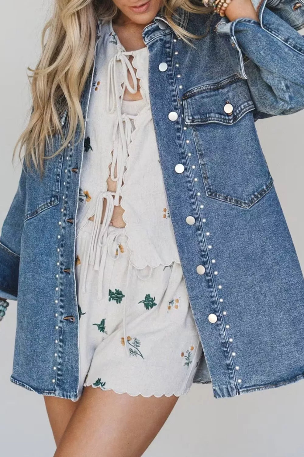 Studded western denim shirt jacket with flap chest pockets