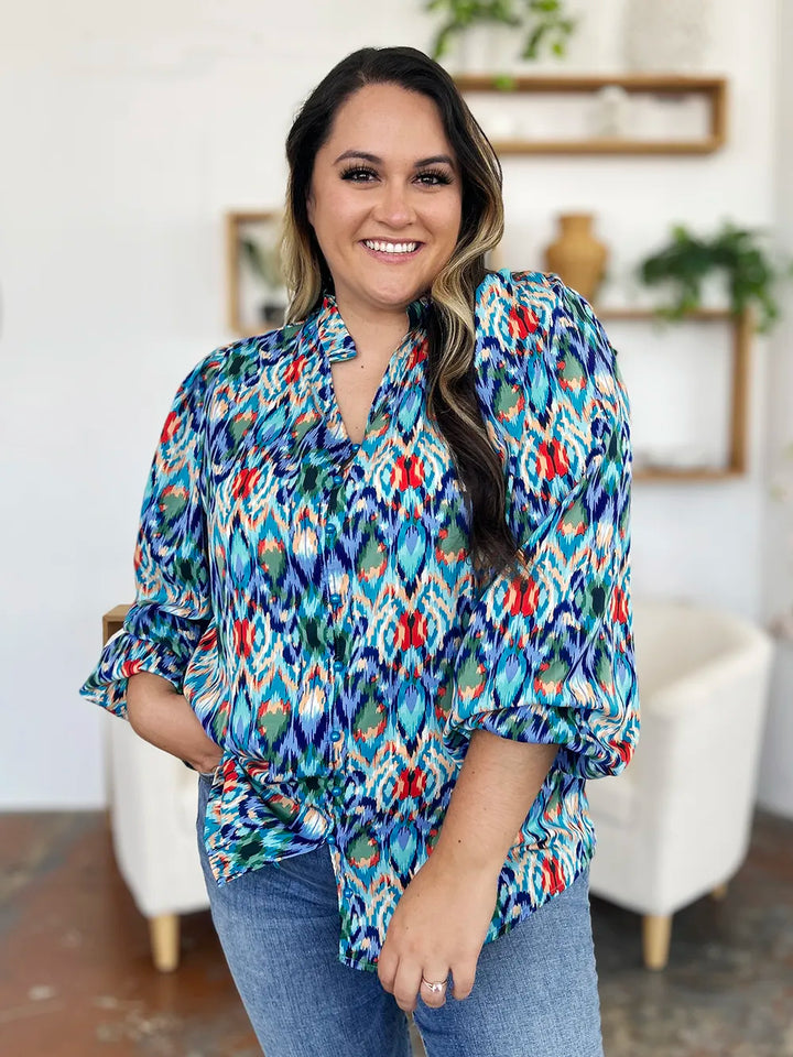 Abstract print balloon-sleeve button-down blouse