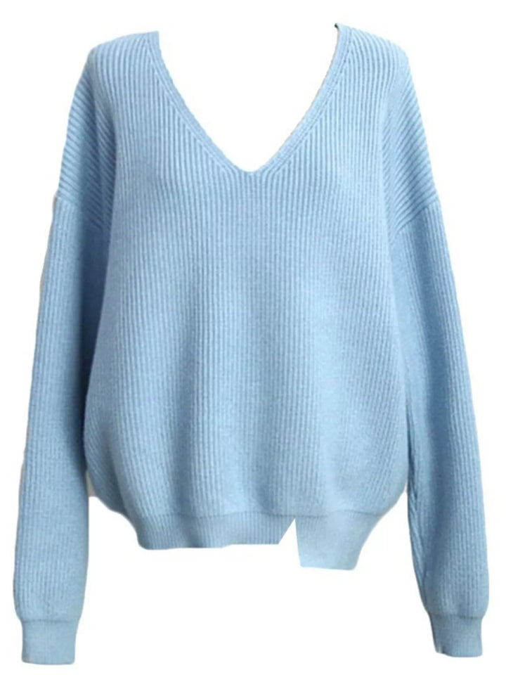 Ribbed knit V-neck sweater with dropped shoulders
