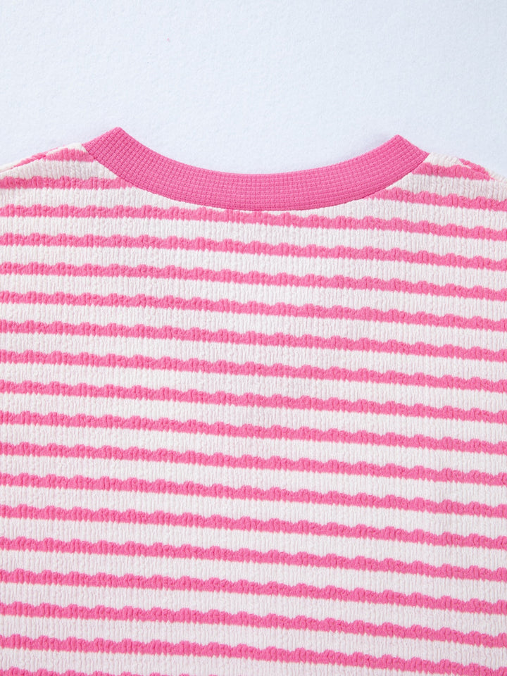 Striped textured knit V-neck top with waffle trim