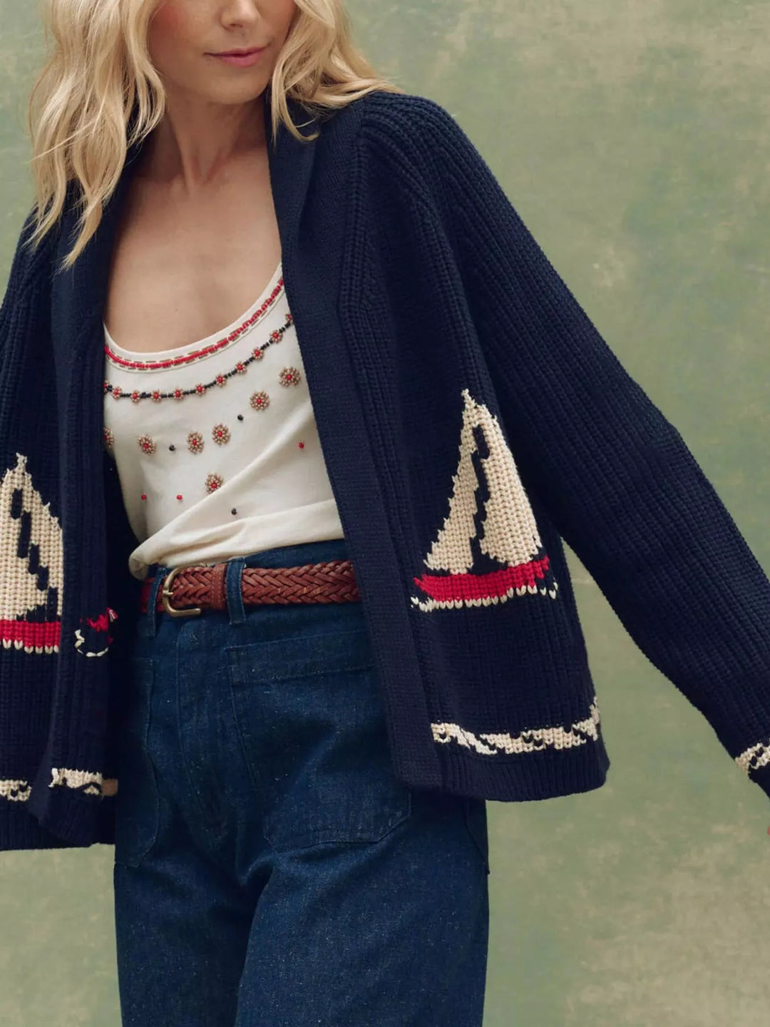Navy Open-front sailboat knit long sleeve cardigan