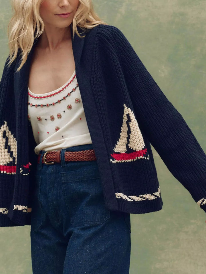 Navy Open-front sailboat knit long sleeve cardigan