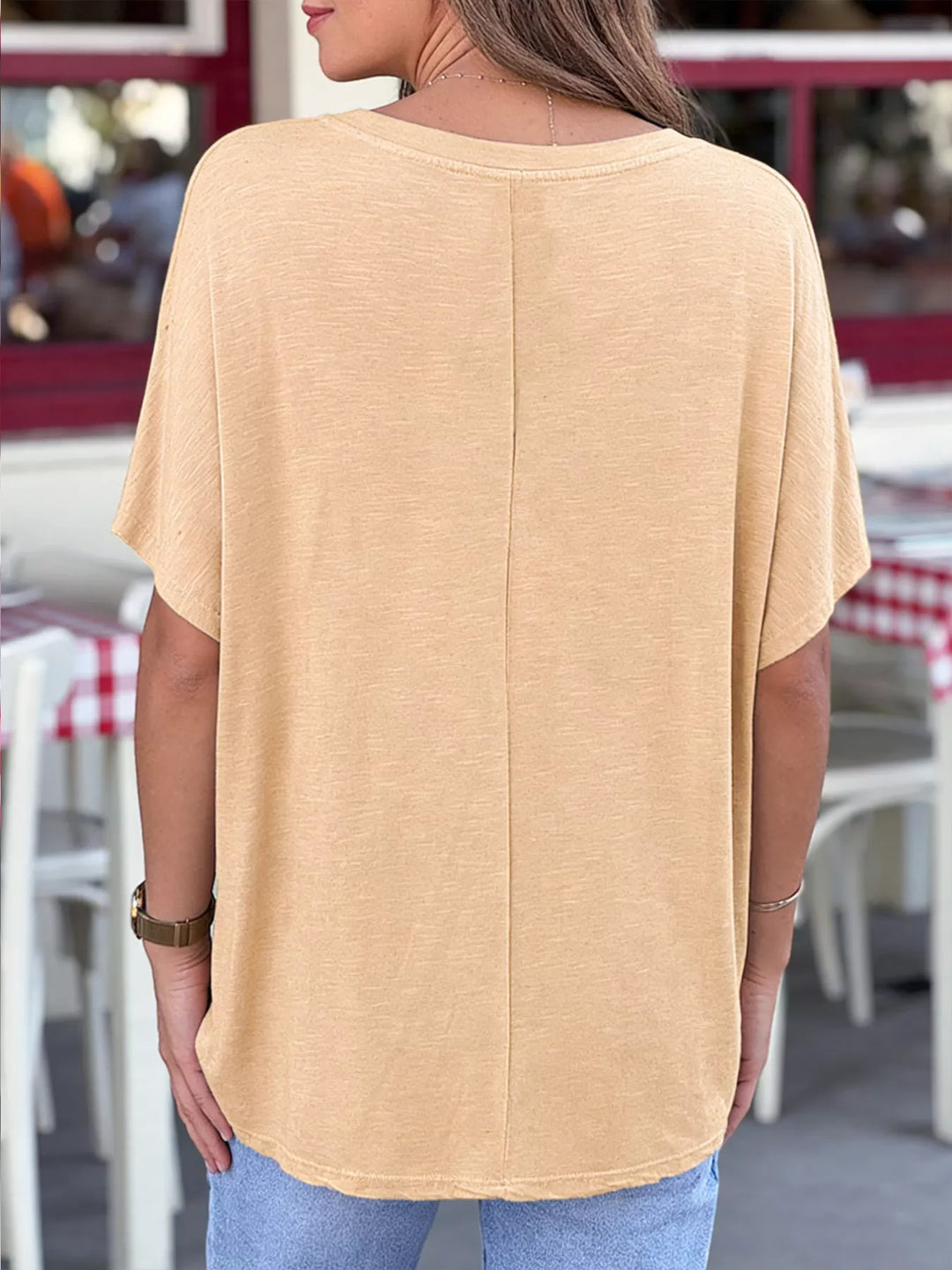 Relaxed v-neck heathered jersey tee with batwing sleeves