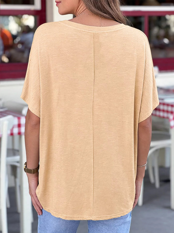 Relaxed v-neck heathered jersey tee with batwing sleeves