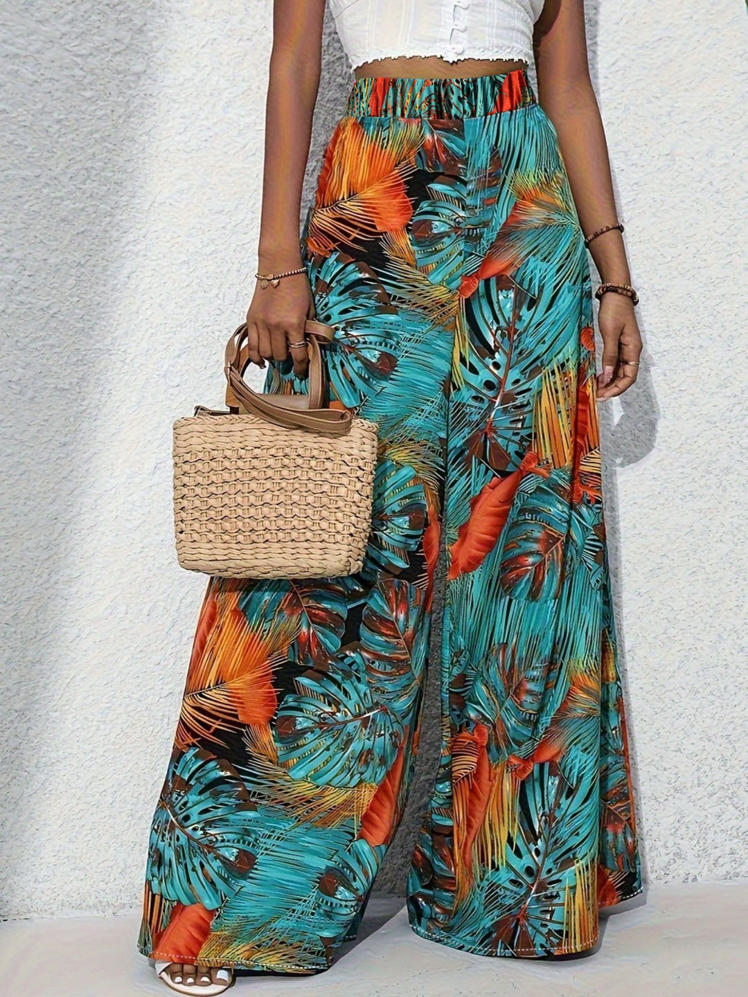 Tropical leaf print wide-leg palazzo pants