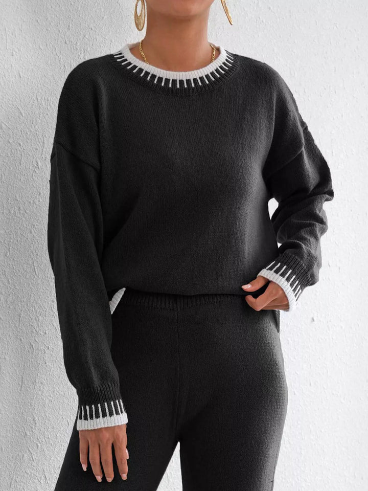 Black Contrast whipstitch trim drop shoulder crew neck sweater