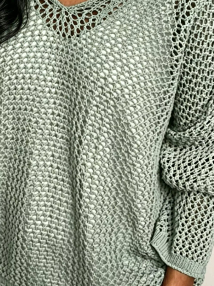 Openwork knit hooded pullover cover-up with V-neck