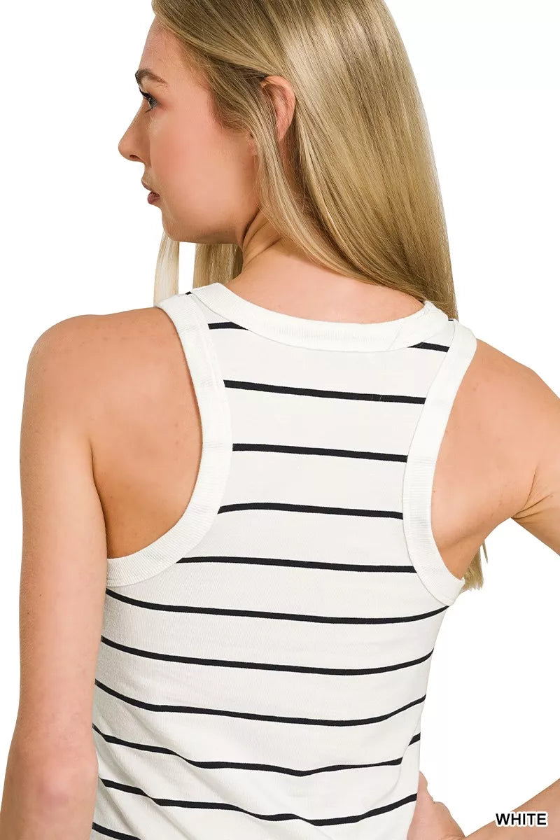 Horizontal striped round-neck fitted tank top