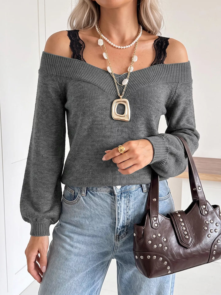 Dark Gray Lace trim off-shoulder V-neck knit sweater