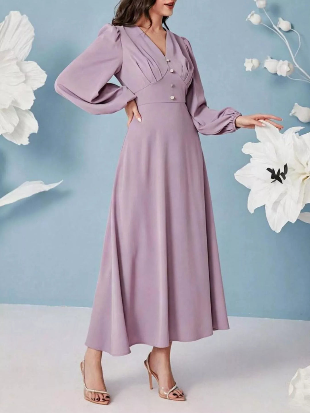 V-neck balloon sleeve maxi dress with button bodice