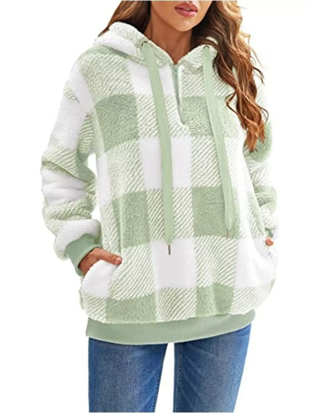 Green Plaid sherpa quarter-zip hoodie with front pocket