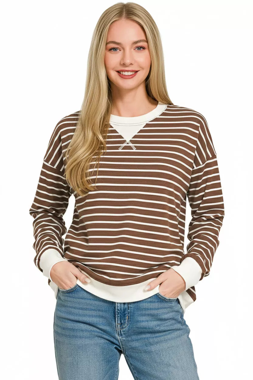 Striped crew neck sweatshirt with contrast ribbed trim