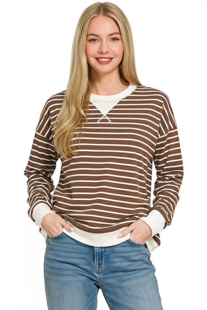 Striped crew neck sweatshirt with contrast ribbed trim