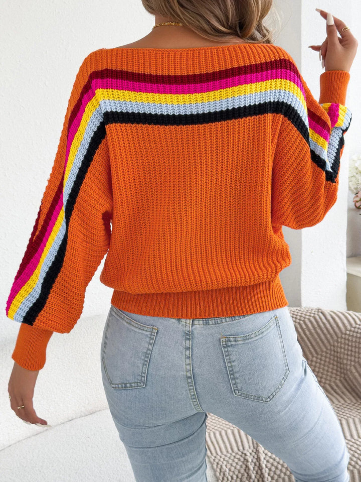Rainbow stripe ribbed knit boat neck sweater
