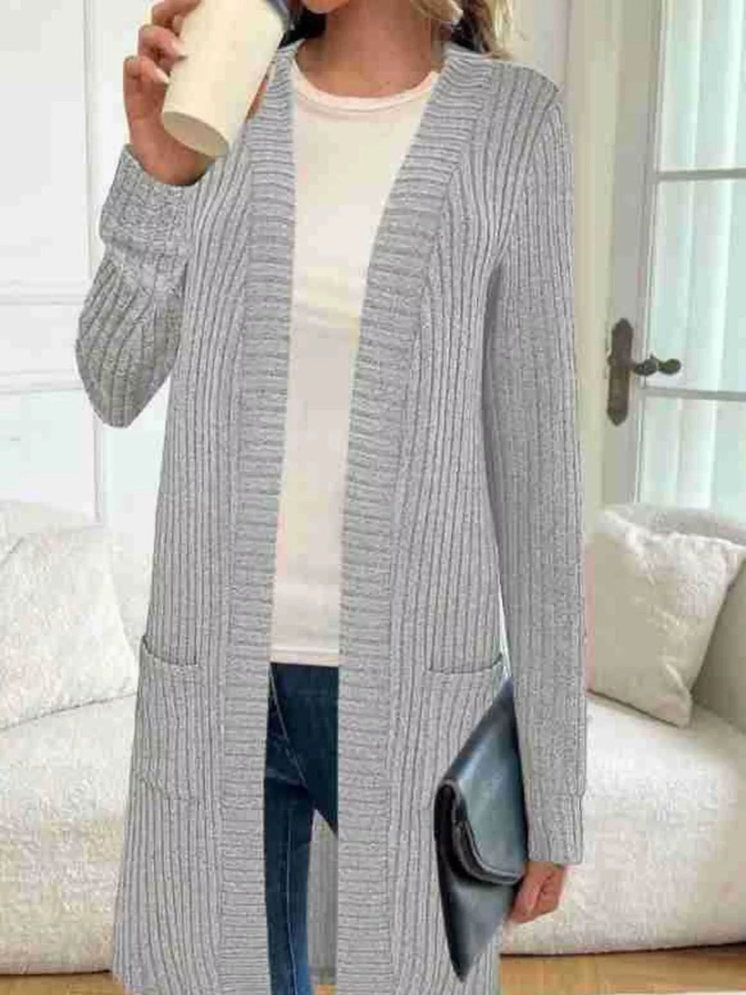 Gray Ribbed knit open-front longline cardigan with pockets