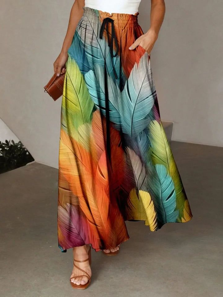 Multicolor Feather print maxi skirt with drawstring waist and pockets