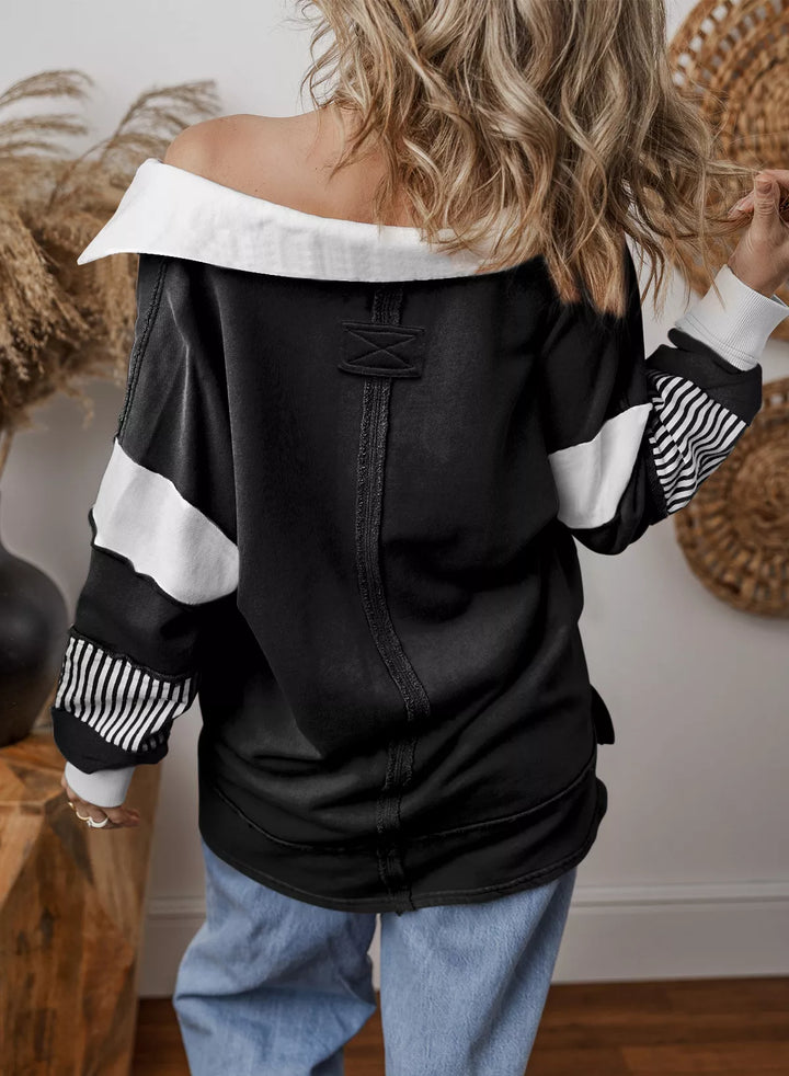 Color block striped Johnny collar sweatshirt with exposed seams