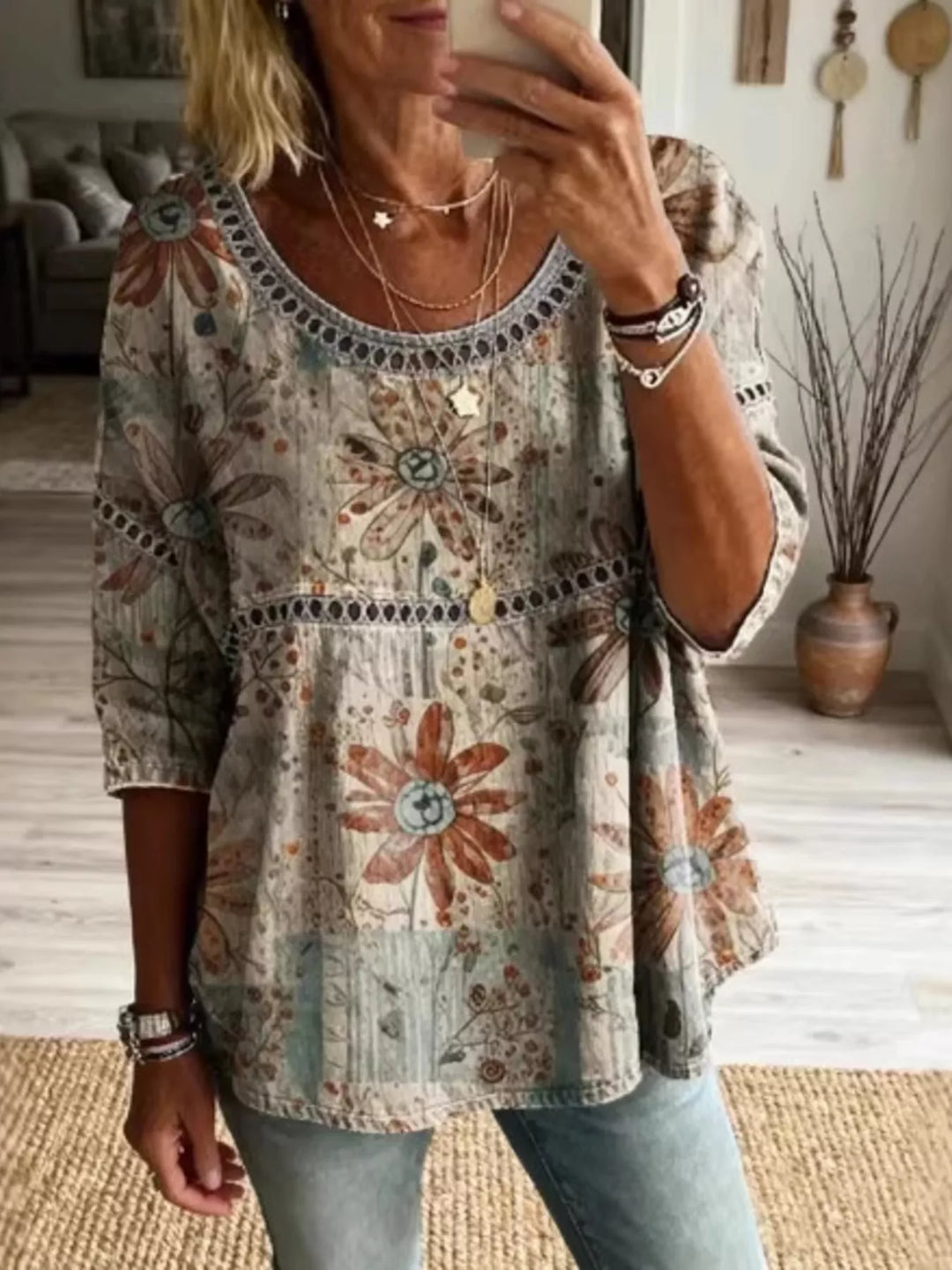 Khaki Floral print crochet-trim tunic top with 3/4 sleeves