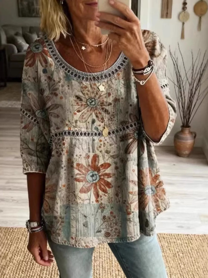 Khaki Floral print crochet-trim tunic top with 3/4 sleeves