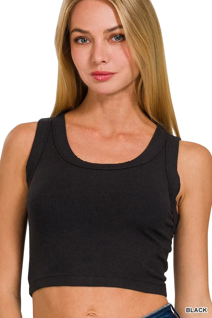 BLACK Fitted ribbed scoop neck cropped tank top