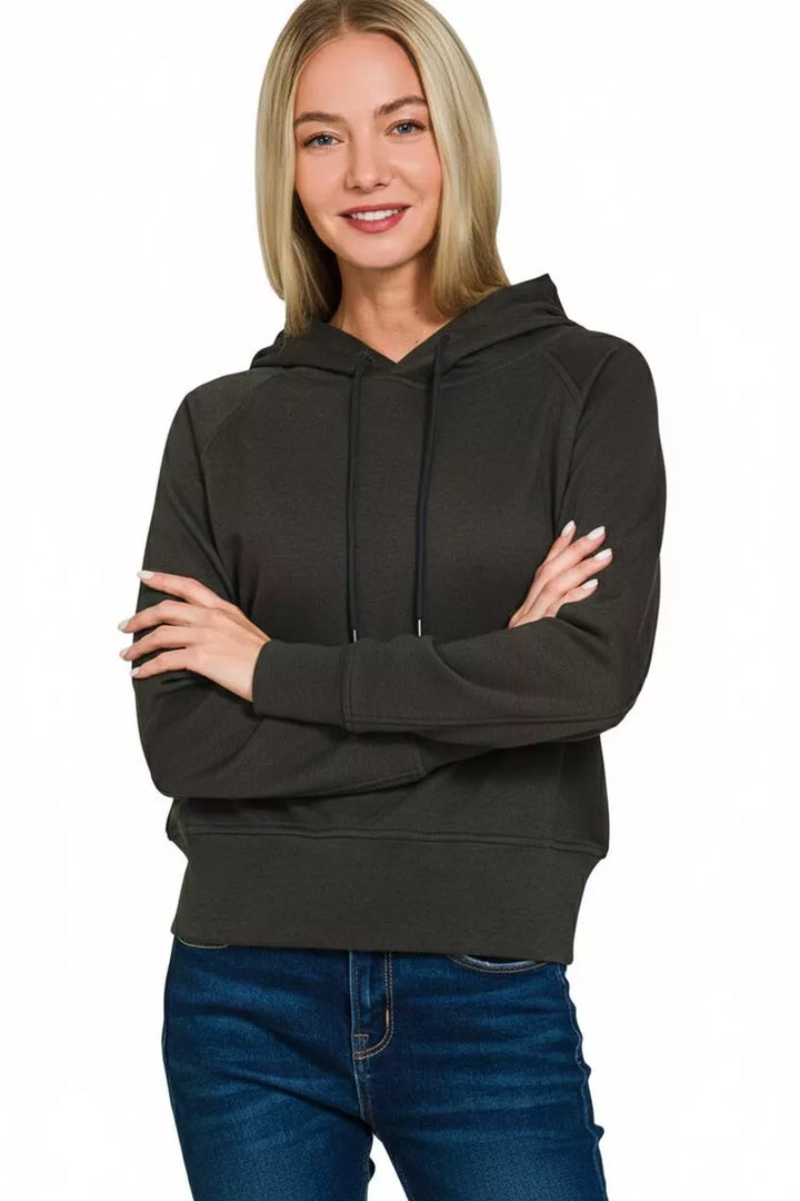 BLACK Scuba knit drawstring hoodie with ribbed cuffs and hem