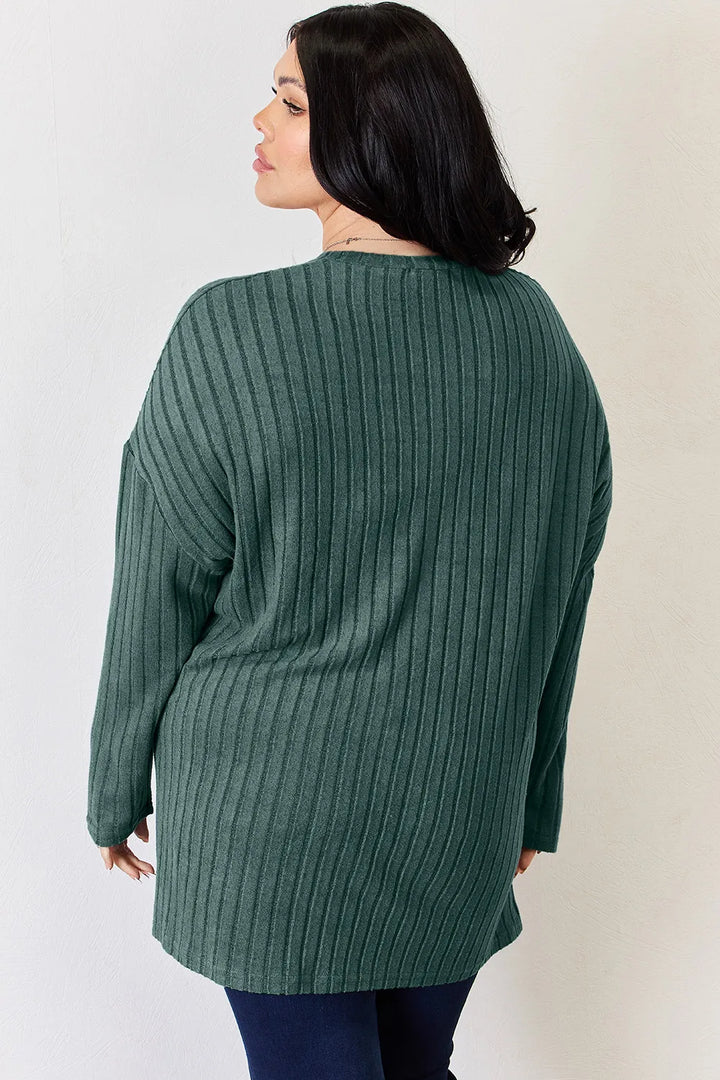 Ribbed knit half-button long sleeve high-low top