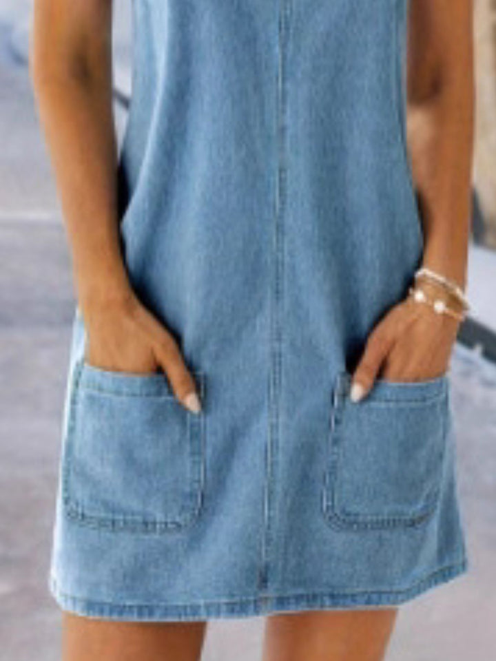 Sleeveless denim overall mini dress with patch pockets