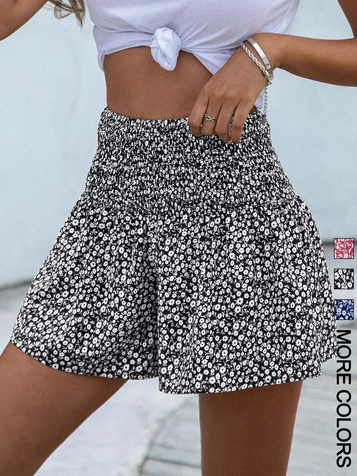 Black Floral print wide-leg shorts with elastic waist