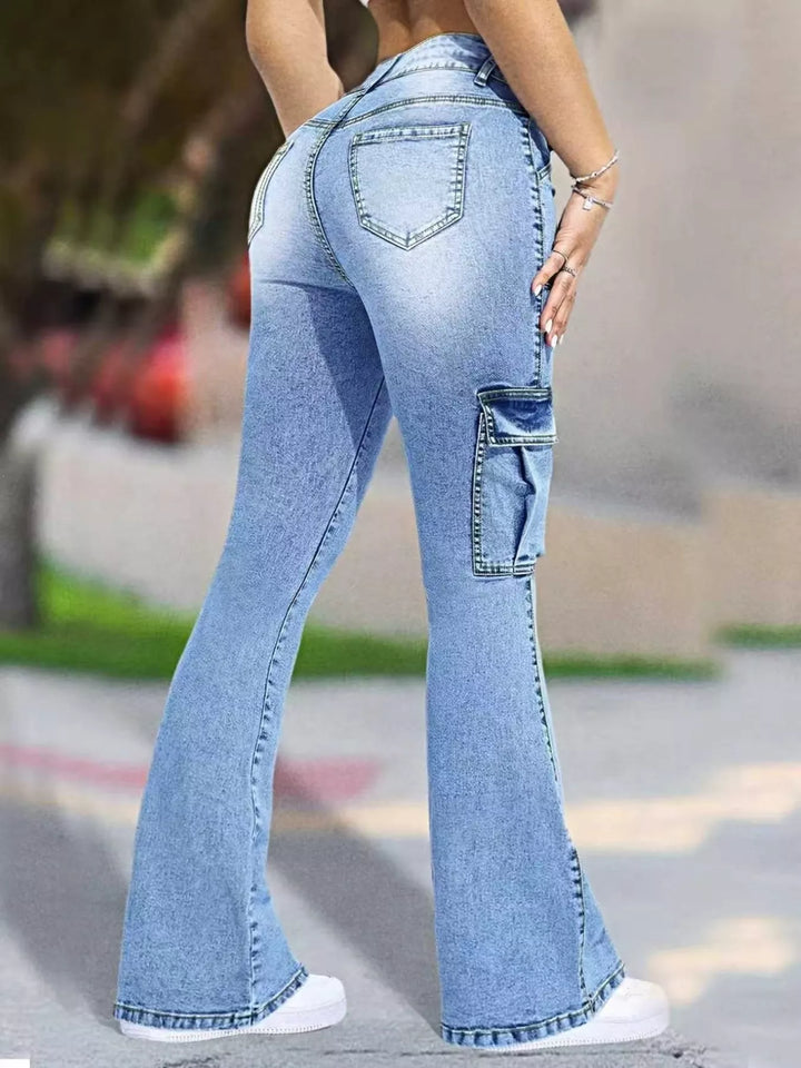 High-rise flare leg cargo jeans with patch pockets