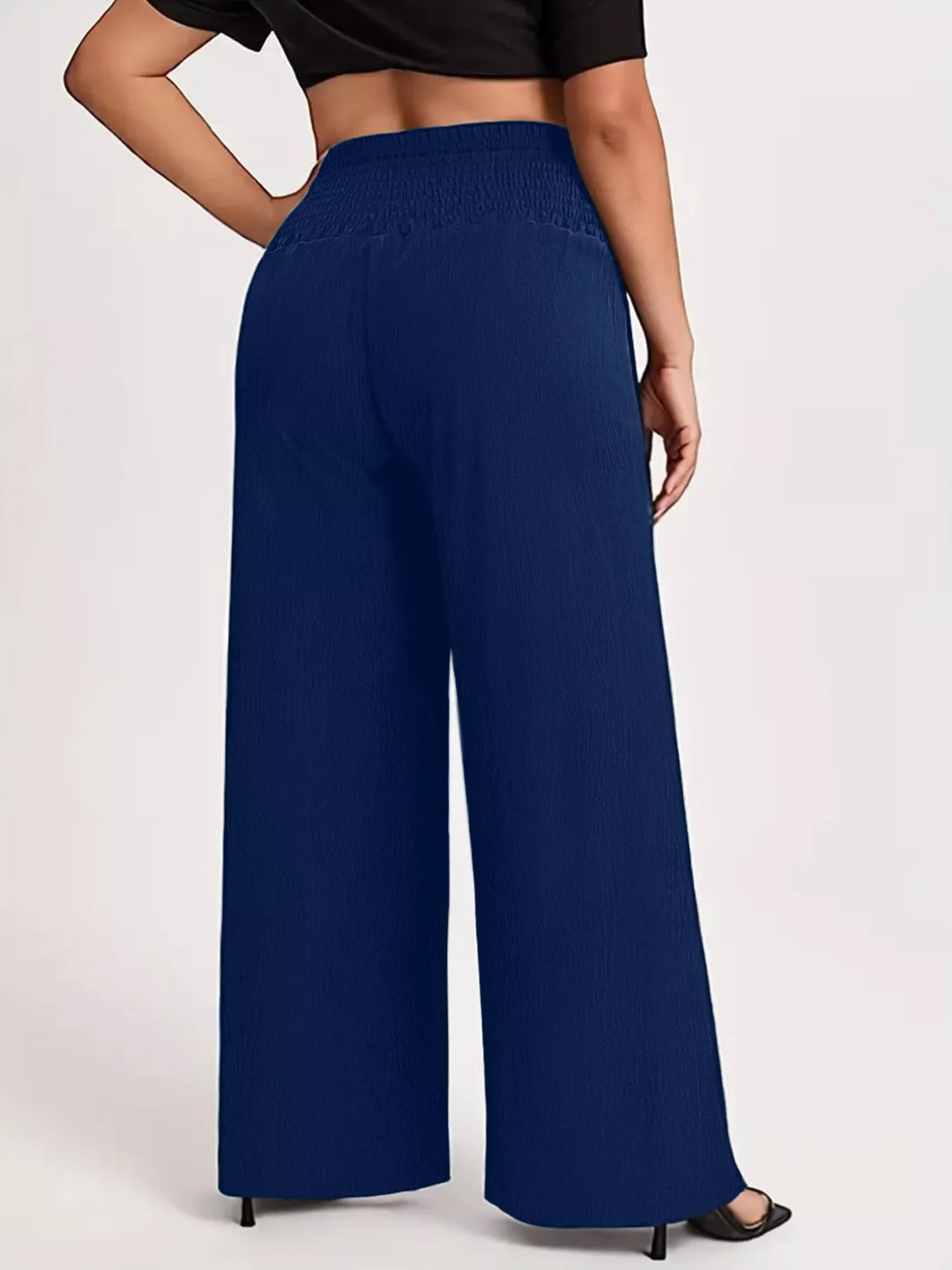 Plus-size high-waist smocked wide-leg pants