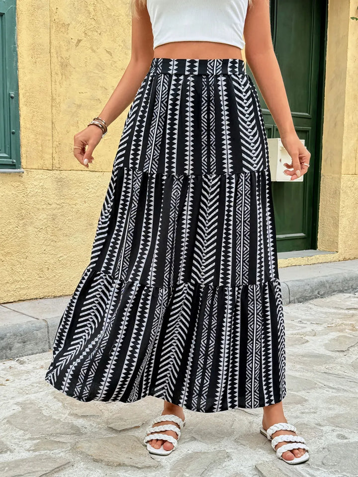 Black Geometric print tiered high-waist maxi skirt