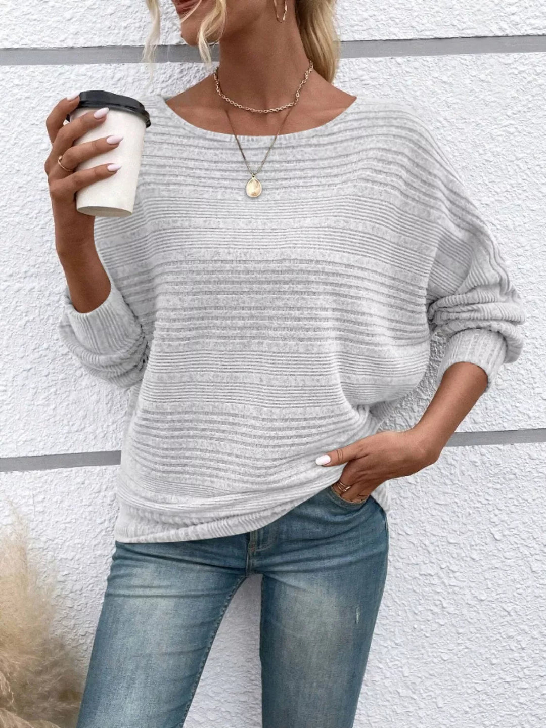 Ribbed knit relaxed long sleeve boat-neck top