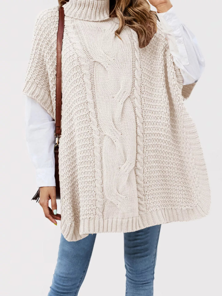 Apricot Cable-knit turtleneck short sleeve oversized tunic sweater