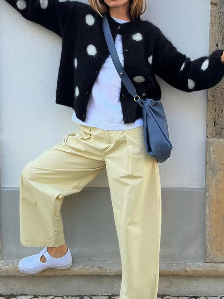 Polka dot fuzzy knit button-up cropped cardigan