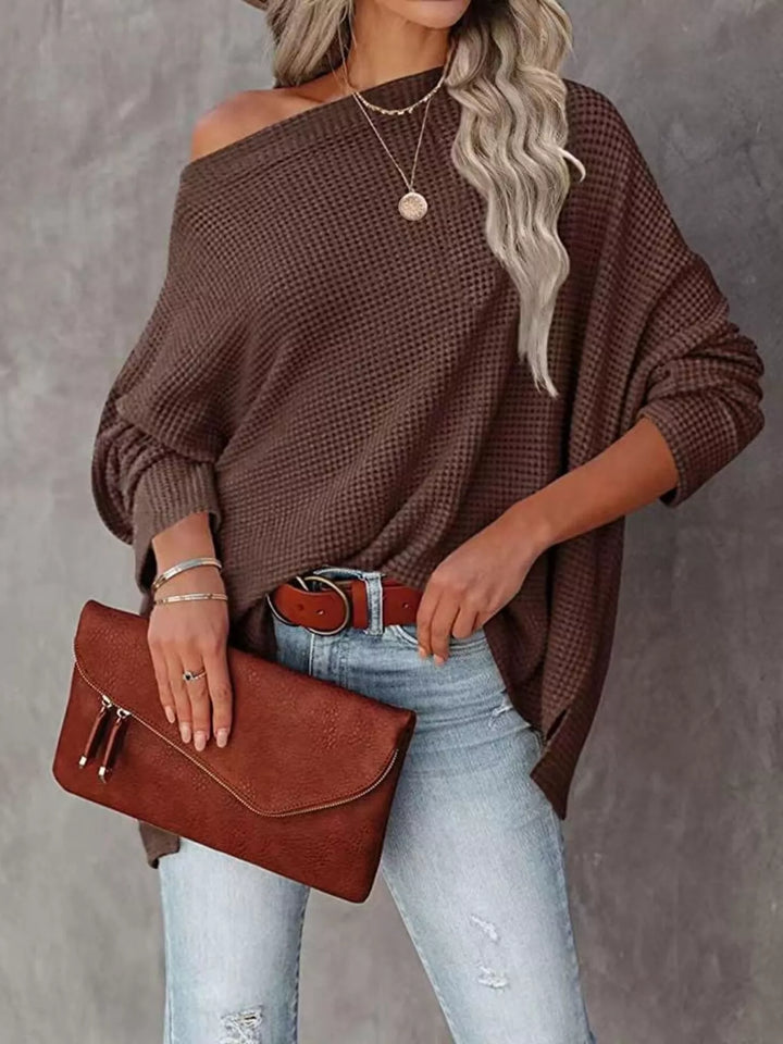 Oversized waffle-knit boat neck long sleeve top