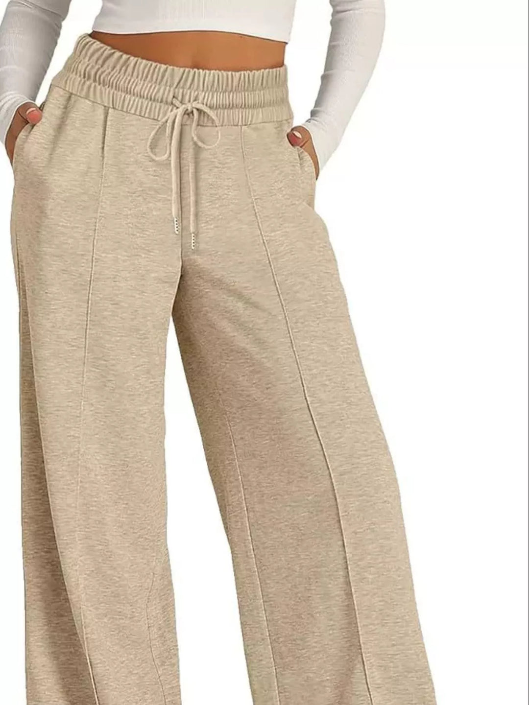 Khaki Wide-leg drawstring pants with elastic waist and pockets
