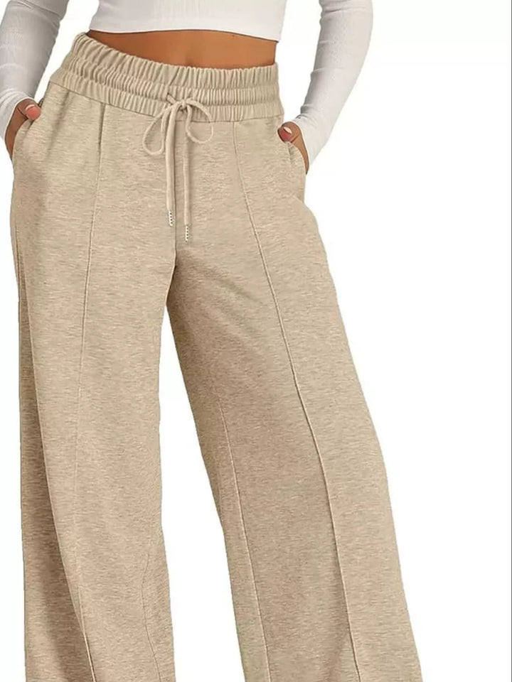 Khaki Wide-leg drawstring pants with elastic waist and pockets