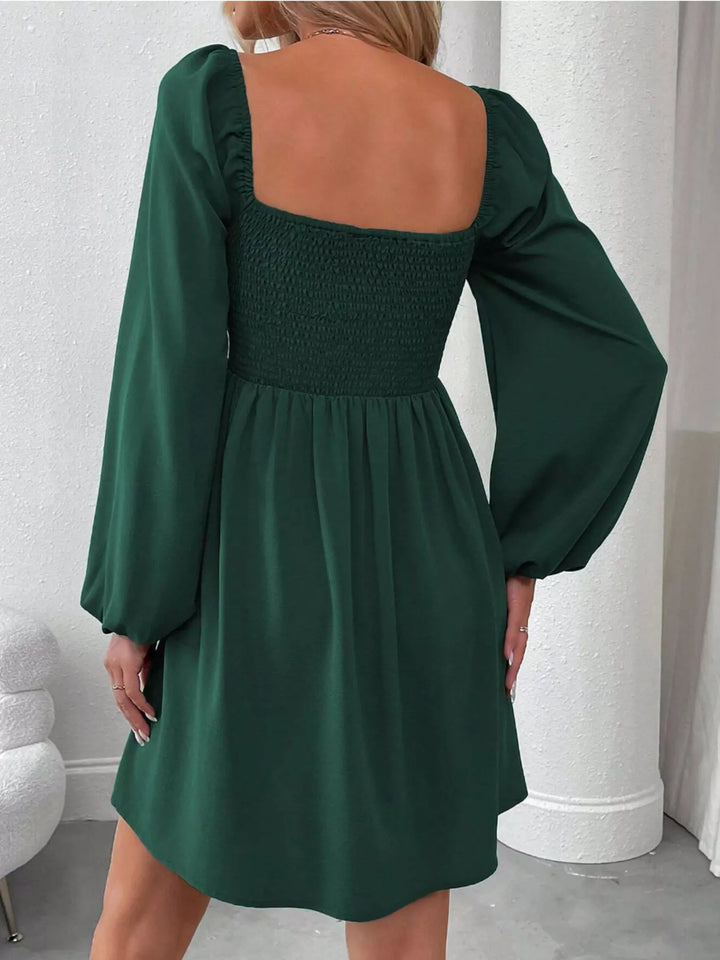 Ruched square-neck balloon sleeve A-line mini dress