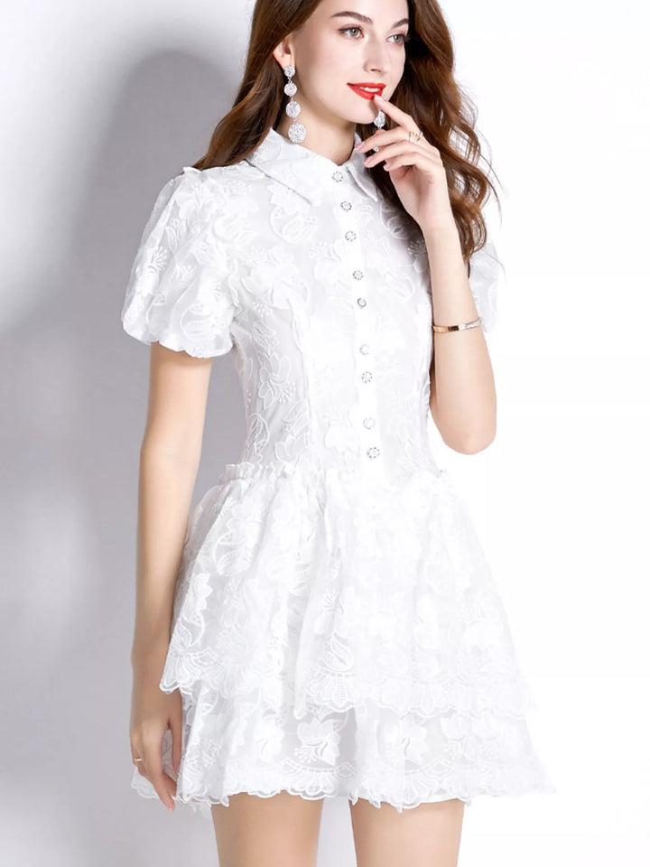 Floral lace puff sleeve mini dress with tiered skirt